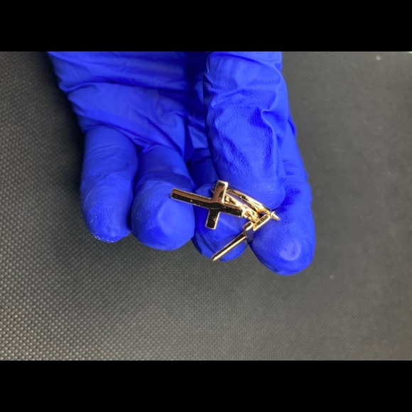 Cross Earrings Gold Huggie Hoop Dangle Drop - Picture 3 of 9